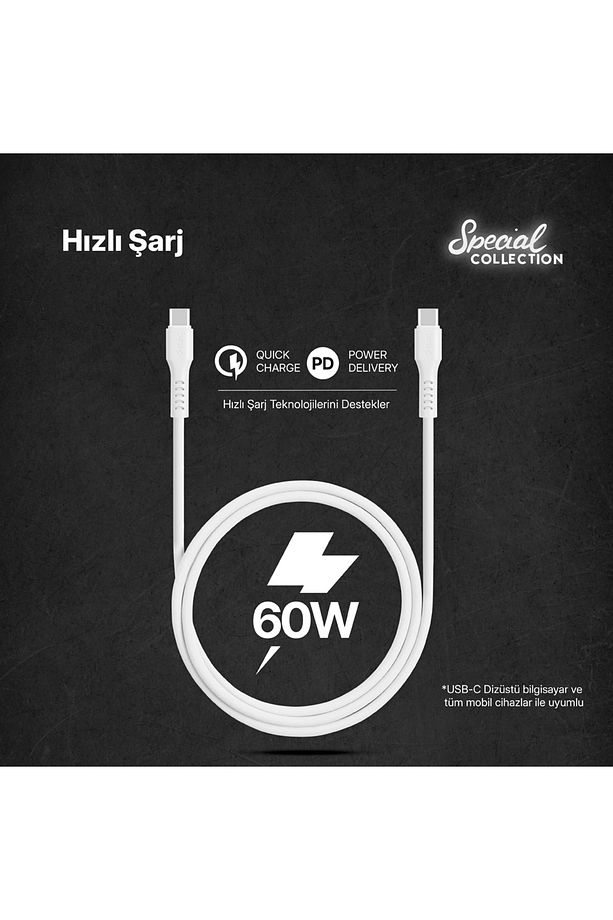 USB-C - USB-C 120cm 60W PD/QC Hızlı Şarj/Data Kablosu - 2