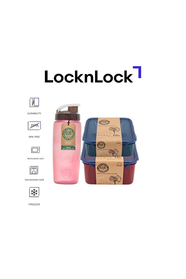 Eco Square Food Container Set 1.2L, 870ml & Eco Pink Water Bottle 500ml