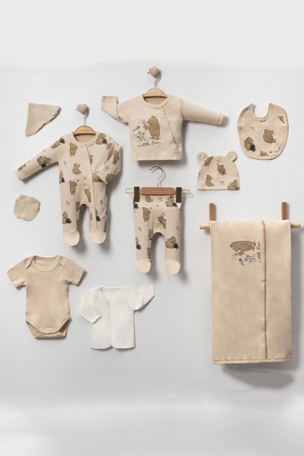 Little Bear Bear Overalls 100% Cotton Newborn Baby Boy 10 Piece Hospital Discharge Bodysuit Set