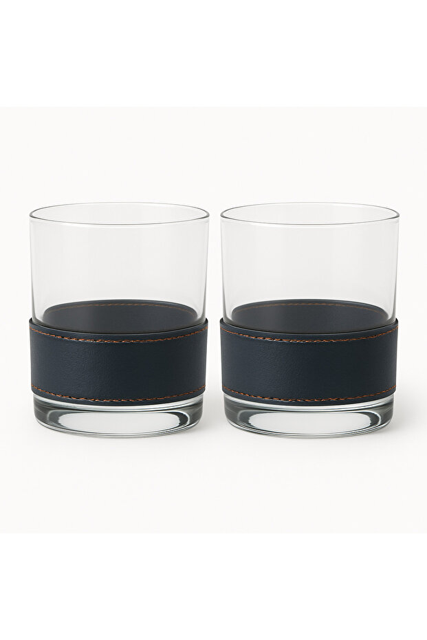 The Noble Run Series Glass Navy Blue Leather Surface 2-Piece Whisky Glasses