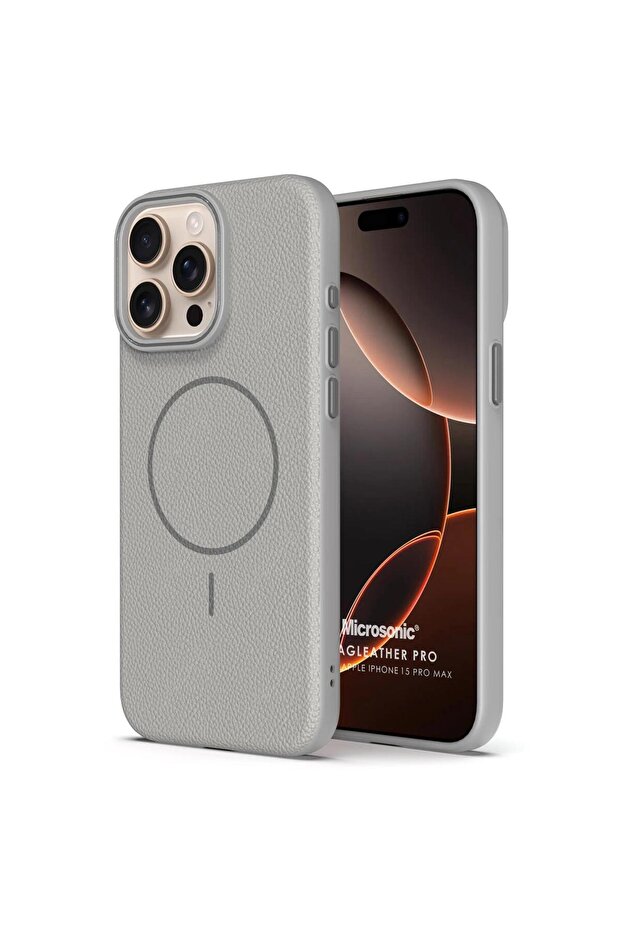 Apple iPhone 15 Pro Max Kılıf MagLeather Pro Gri - 1