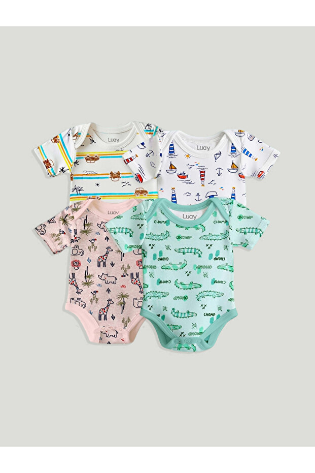 Unisex Organic Cotton Lizard, Lighthouse, Elephant & Car printed Onesie: Pack of 4