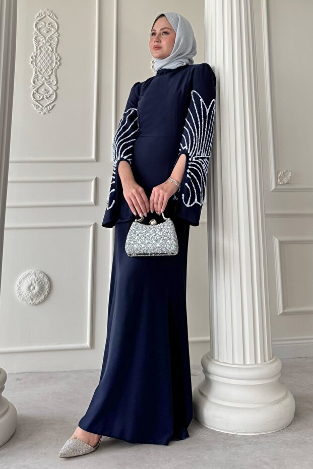 Cut Sleeve Detail Stone Navy Blue Evening Dress