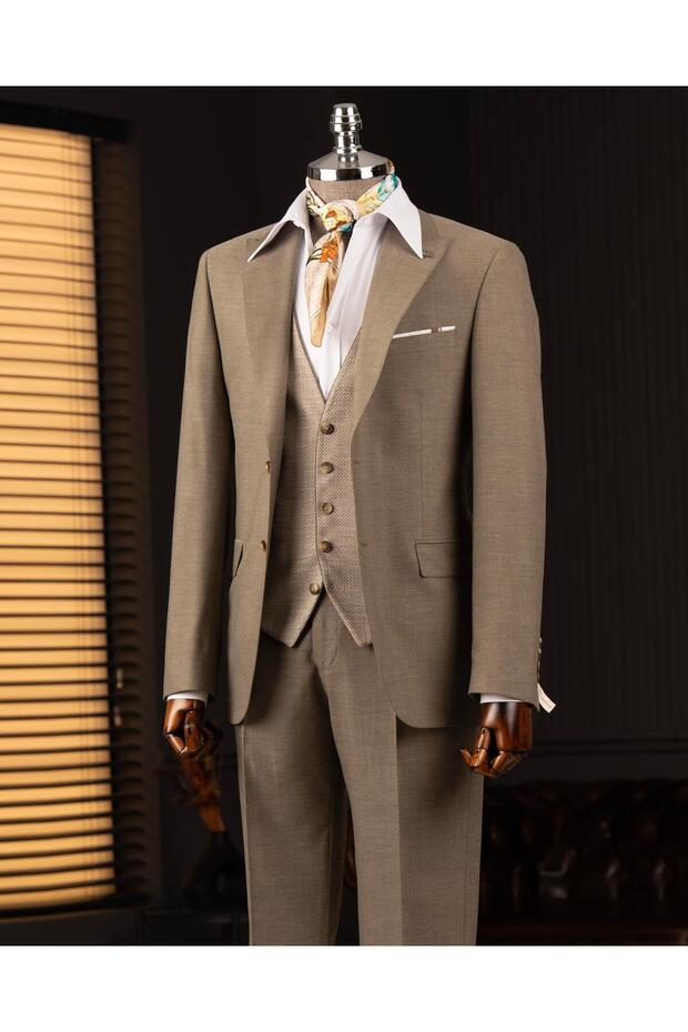 Italian Style Combination Suit Jacket Vest Pant Khaki T14036