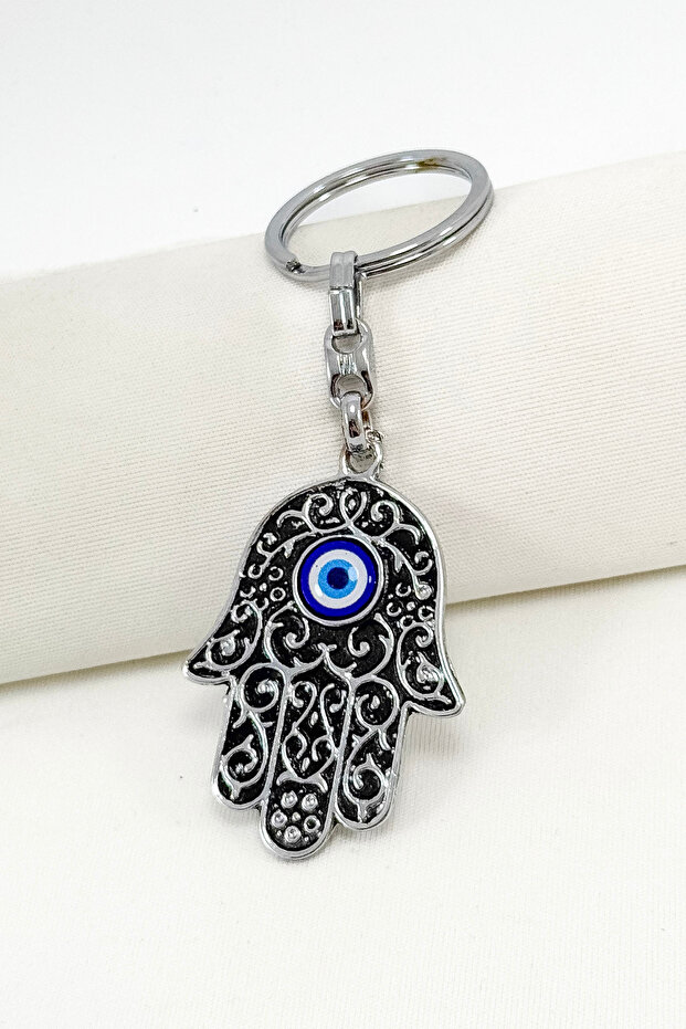 Black Evil Eye Hamse Fatima Mother Hand Metal Keychain, Gift Keychain