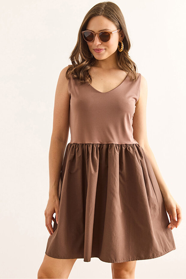 Women's Brown Top Sandy Bottom Parachute Mini Dress Elb-19002448