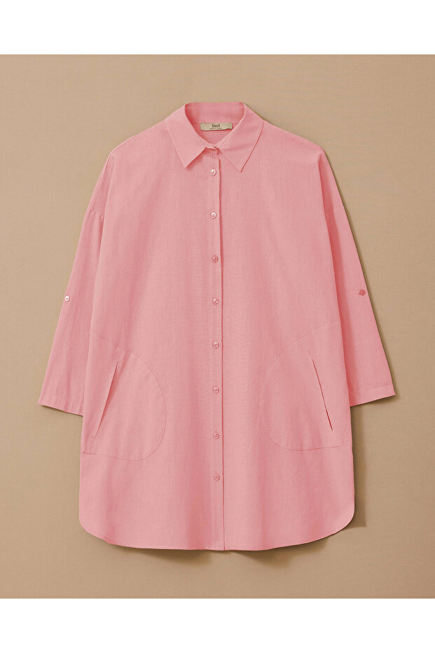 Keten Görünümlü Düğmeli Oversize Gömlek - 5