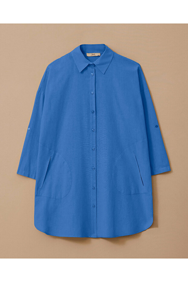 Keten Görünümlü Düğmeli Oversize Gömlek - 4