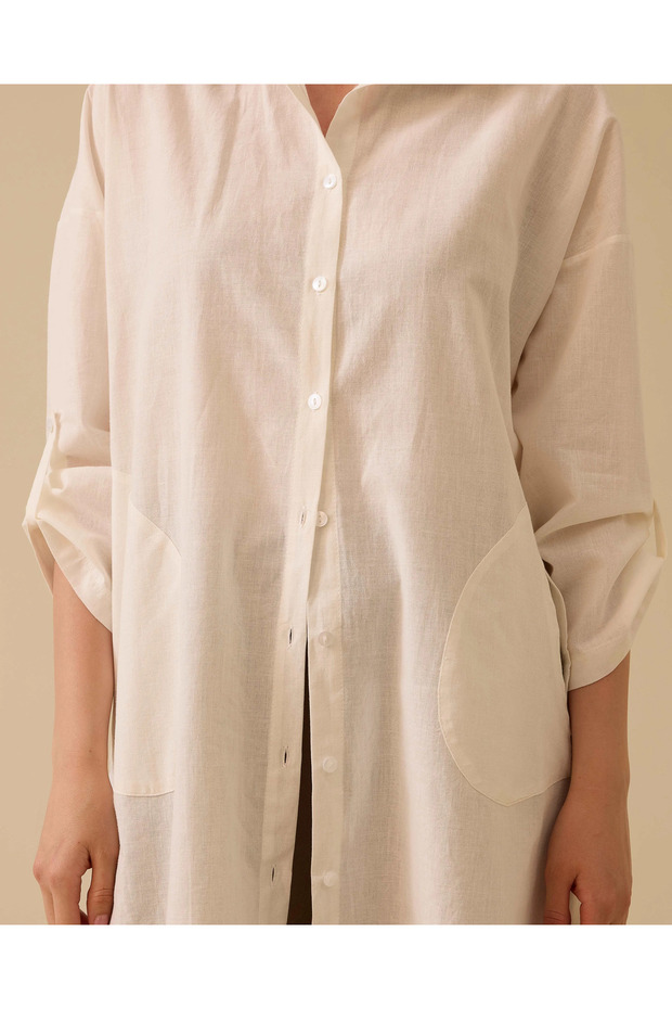 Keten Görünümlü Düğmeli Oversize Gömlek - 4