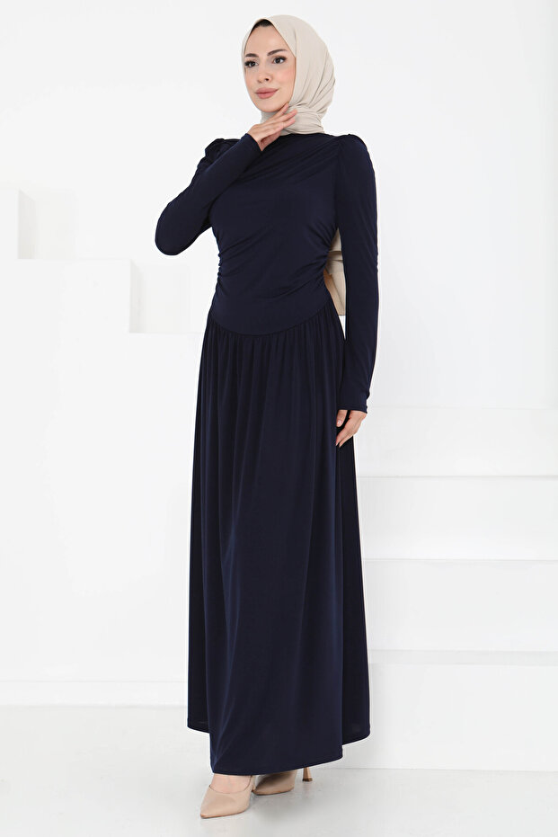 Gathered Dress Navy Blue - 27254 - 4