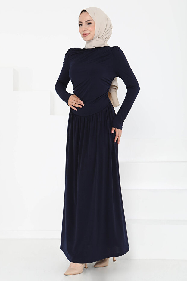 Gathered Dress Navy Blue - 27254 - 2