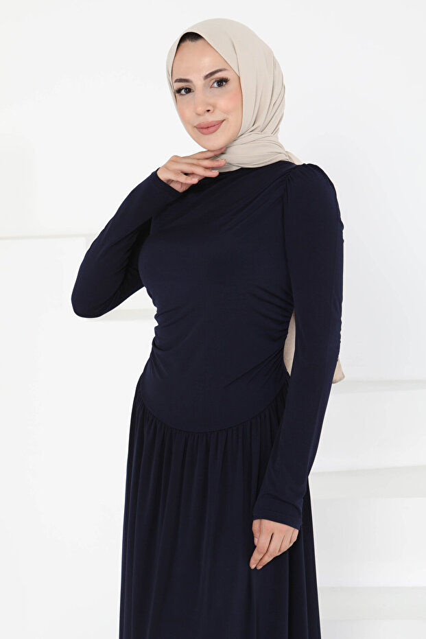 Gathered Dress Navy Blue - 27254 - 5