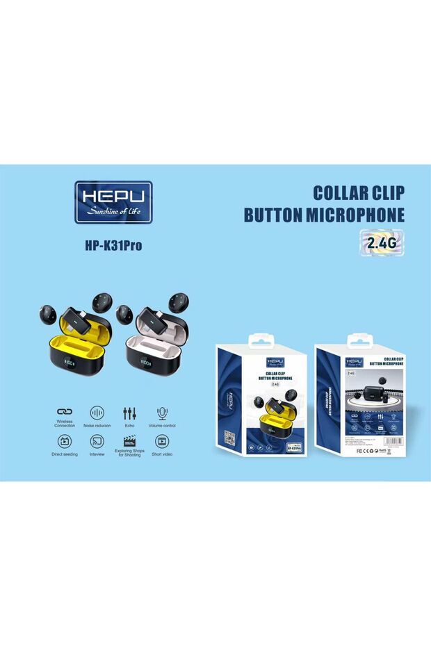 HP-K31Pro Kablosuz Yaka Mikrofonu | 2.4G Collar Clip Button | Şarj Kutulu | iOS ve Android - 1