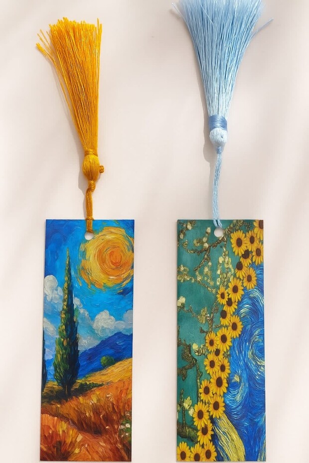 Van Gogh Yellow Wheat Field - Almond Tree Sunflowers Printed Hard Double Tassel Bookmark