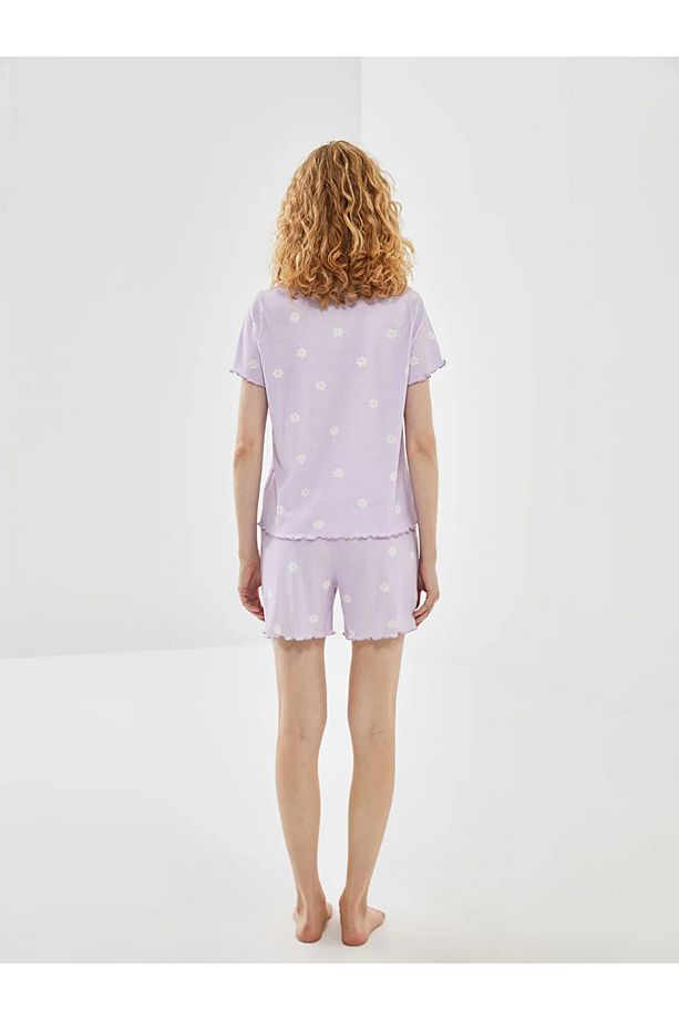 LCW Young Lila Bisiklet Yaka Çiçekli Kadın Şortlu Pijama Takımı - 4