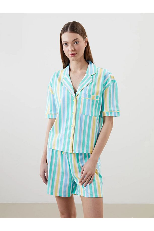 LCW DREAM Sari Gömlek Yaka Çizgili Kadın Şortlu Pijama Takımı - 2
