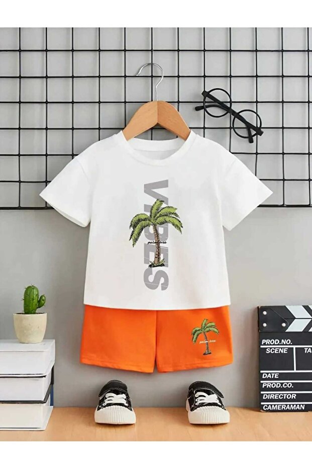 Vibes Printed Summer White Orange 100% Cotton Kids Set