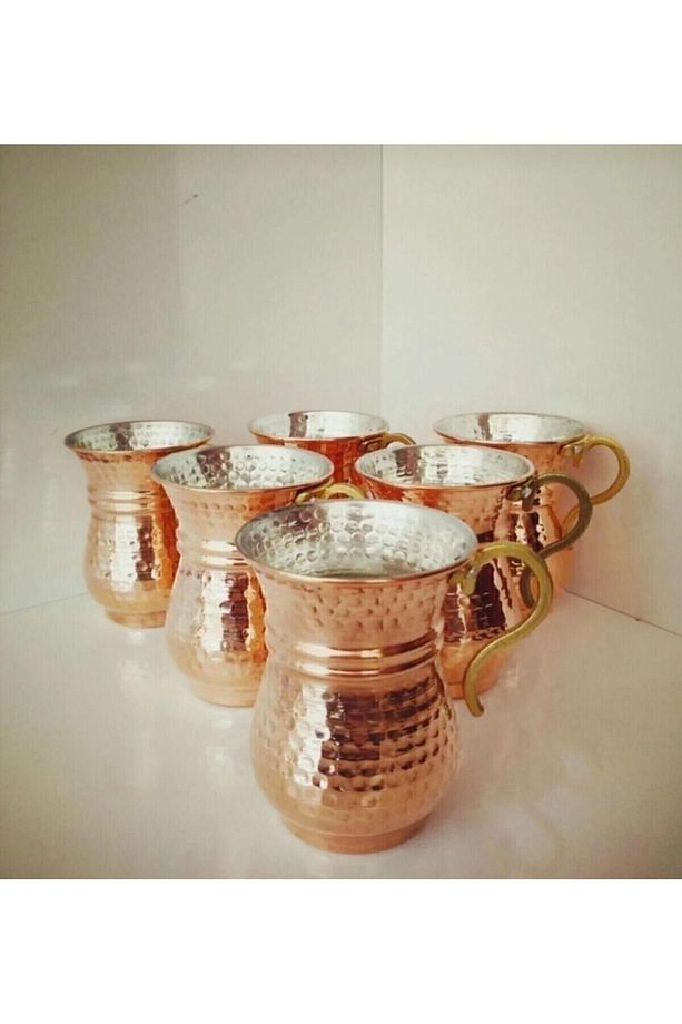 Bakır Kupa 6 Lı Set Dövme Bakır Ayran Bardağı 6 Adet - 1