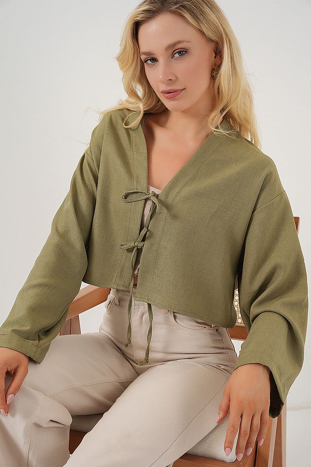 Önü Bağlamalı Keten Kimono 960 - Çağla - 3