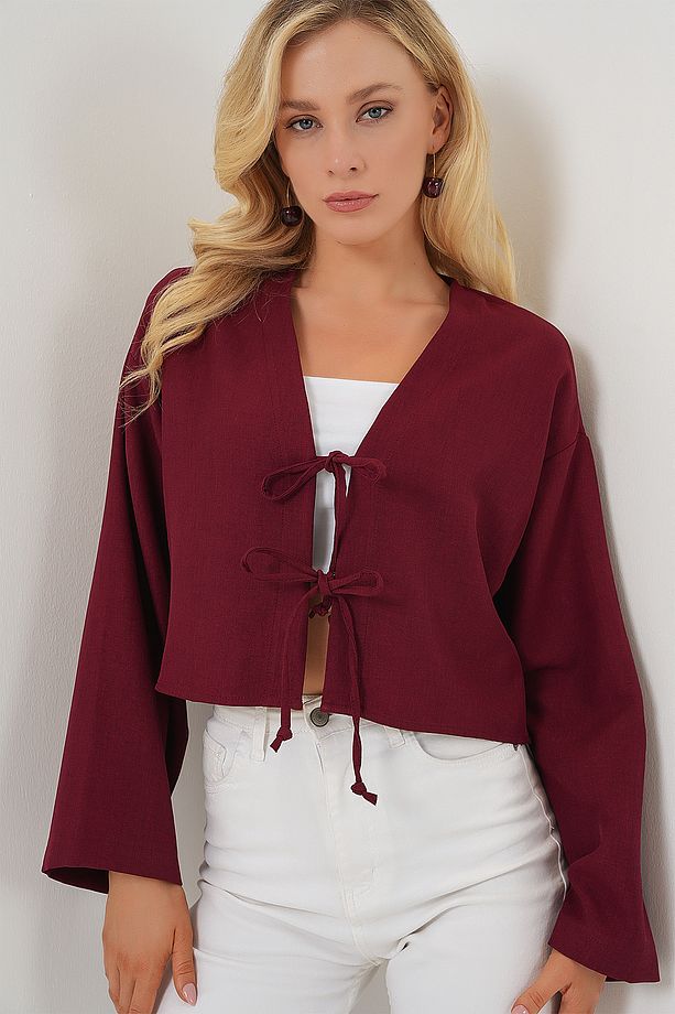 Önü Bağlamalı Keten Kimono 960 - Bordo - 4