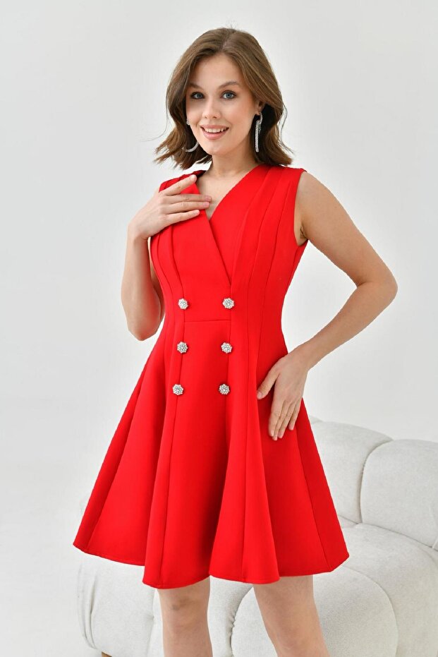 Women's Lined Double Breasted Collar Button Design Sleeveless Mini Red Flared Dress 9347