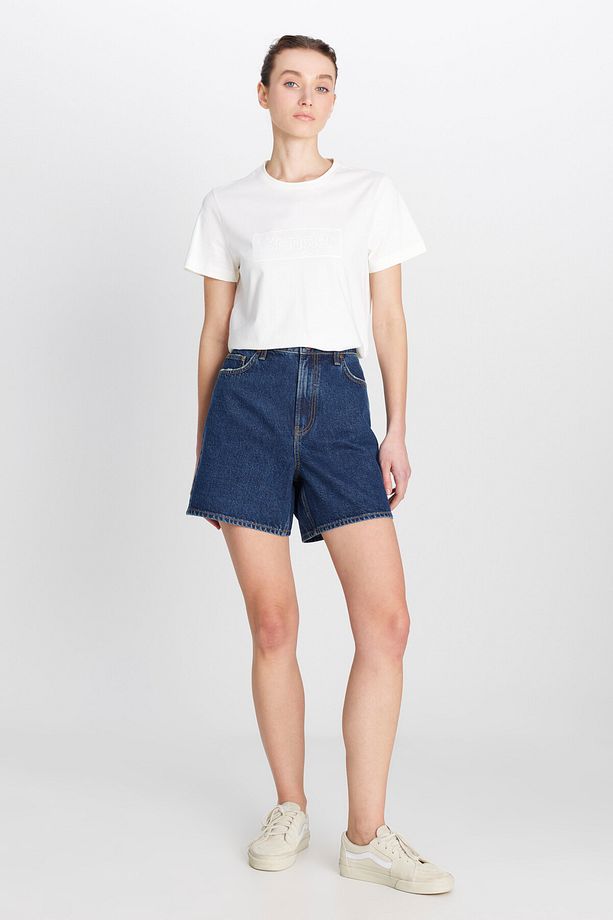 %100 Pamuk Regular Fit Normal Kesim Koyu Mavi Denim Şort - 2