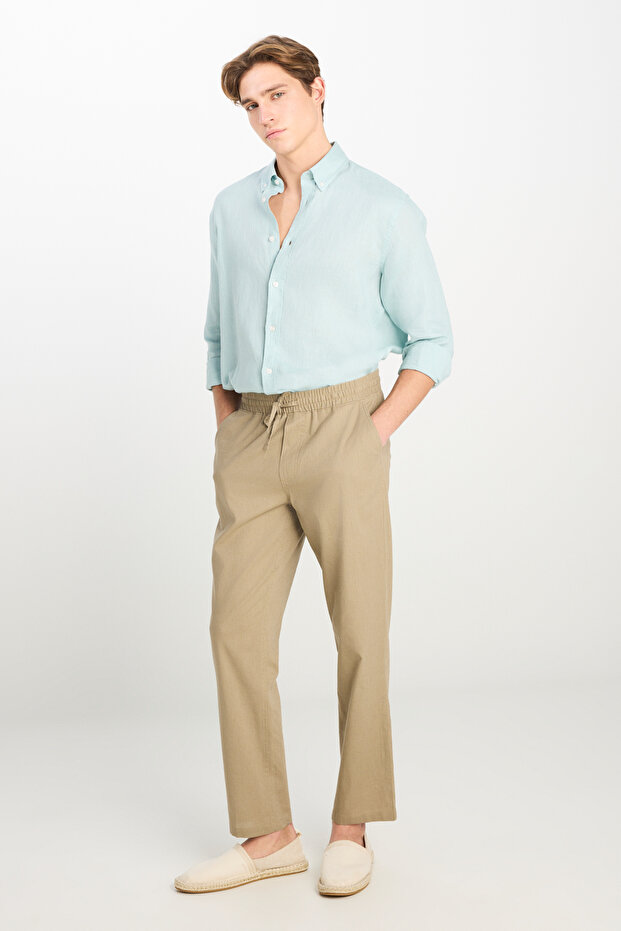 Regular Fit Normal Kesim Lastik Bel Detaylı Keten Karışımlı Deve Tüyü Pantolon - 2