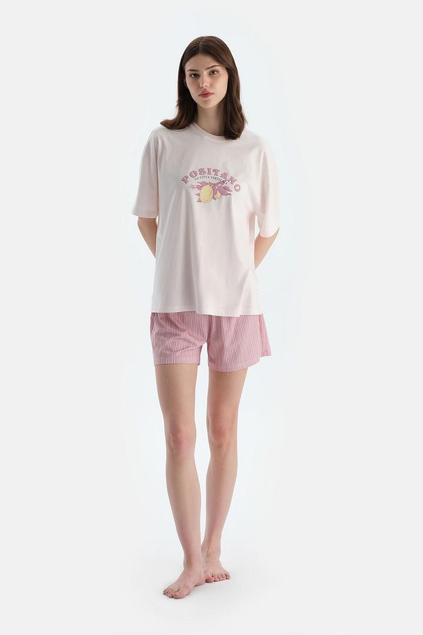 Açık Pembe Baskı Detaylı Kısa Kollu Tişört Şort Pijama Takımı - 1