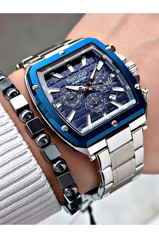 FERRUCCI FUNCTION NAVY BLUE DIAL SILVER METAL MEN'S WRISTWATCH