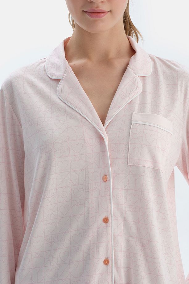 Açık Pembe Metraj Kalp Baskılı Gömlek Pantolon Pijama Takımı - 4