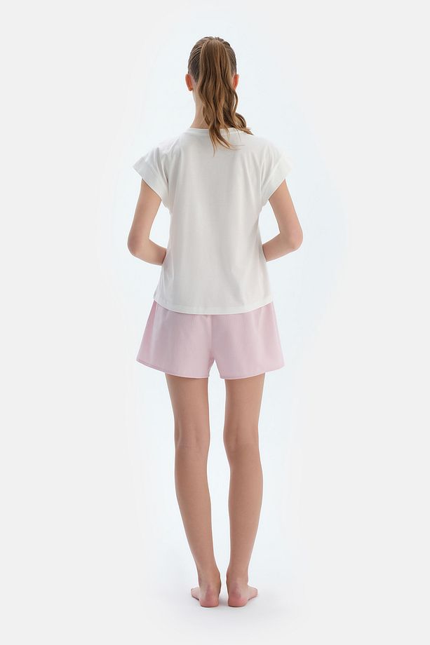 Ekru Nakış Detaylı Dokuma Şortlu Pijama Takımı - 2