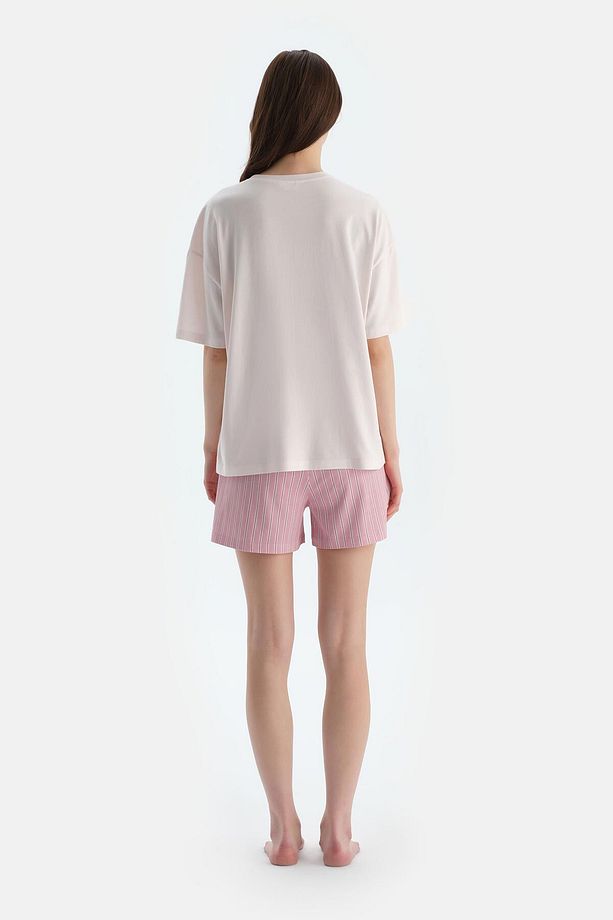 Açık Pembe Baskı Detaylı Kısa Kollu Tişört Şort Pijama Takımı - 2