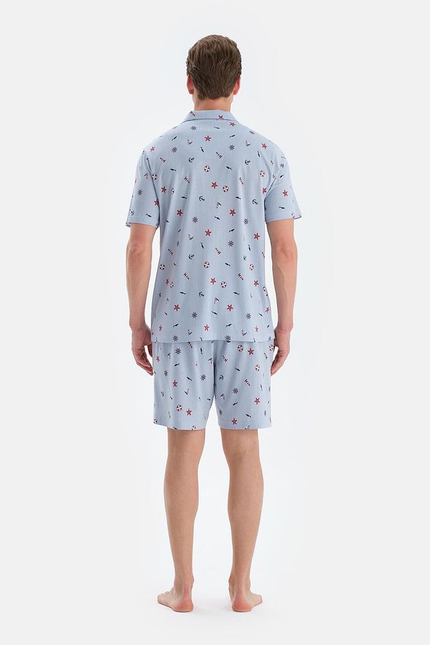 Açık Mavi Metraj Baskılı Gömlek Şort Pijama Takımı - 2