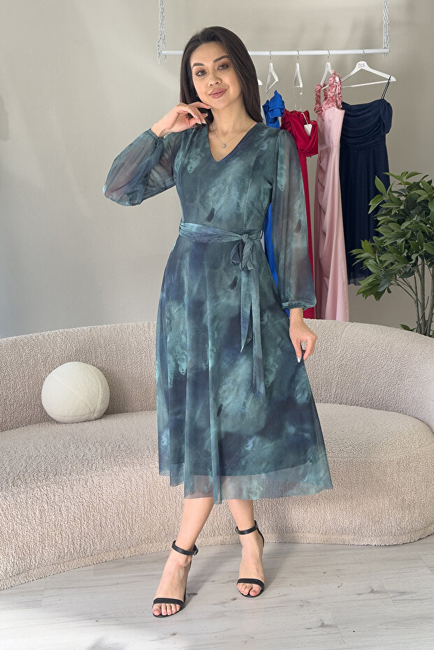 Women's Turquoise V-Neck Belted Tie-Dye Pattern Tulle Midi Length Plus Size Dress
