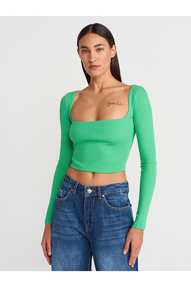 3700 Căptușit cu mânecă lungă Top-verde - 1