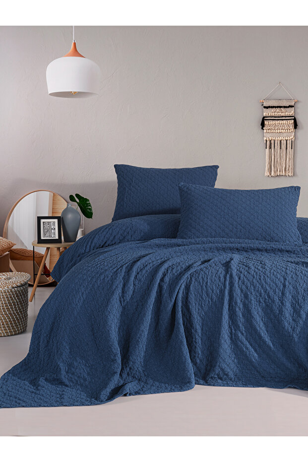 Cambridge yatak örtüsü seti tek kişilik koyu mavi kutulu - 1