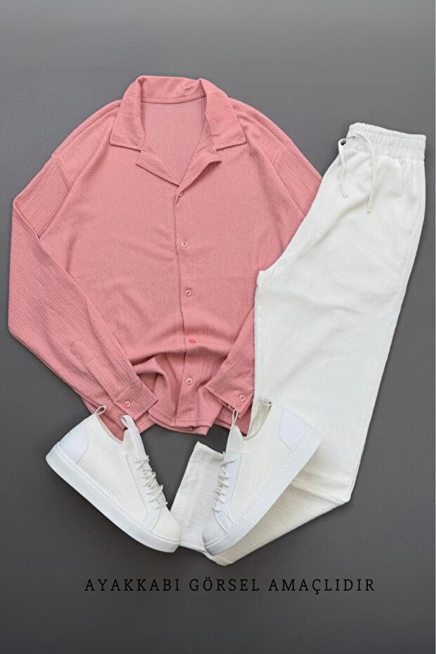 Men's Pink Wrinkled Shirt White Trousers Suit