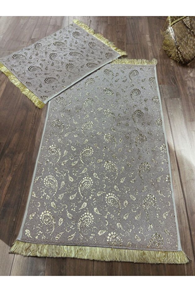Foil Tasseled Fringed Bathroom Mat Set Non-Slip Base Double Toilet Set