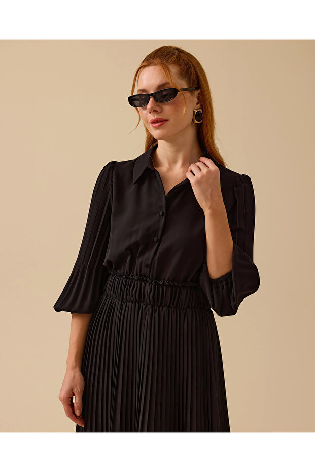 Gömlek Yaka Uzun Kollu Pliseli Elbise - 4