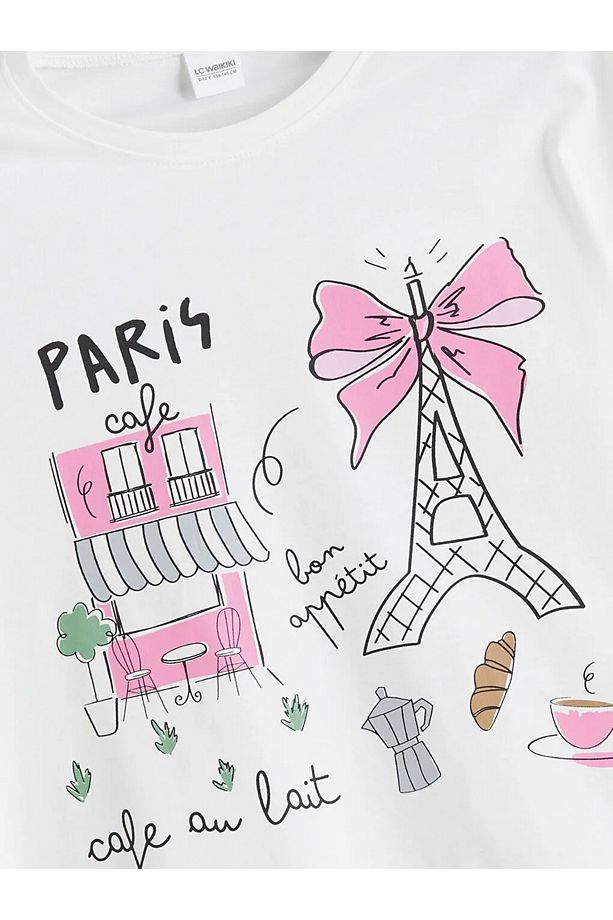 LCW Kids Ekru Bisiklet Yaka Paris Baskılı Kız Çocuk Şortlu Pijama Takımı - 3