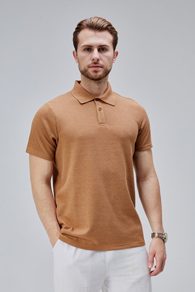Men's Standard Fit Cotton Soft Texture Cool Waffle Fabric Polo Neck T-Shirt