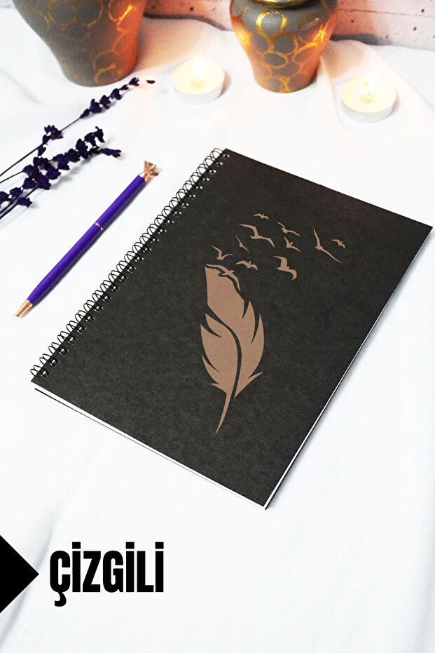 A5 Bird Feather Themed Black Kraft Cover Notebook - Lined Notebook - 60 Sheets (120 Pages) 15X21 cm