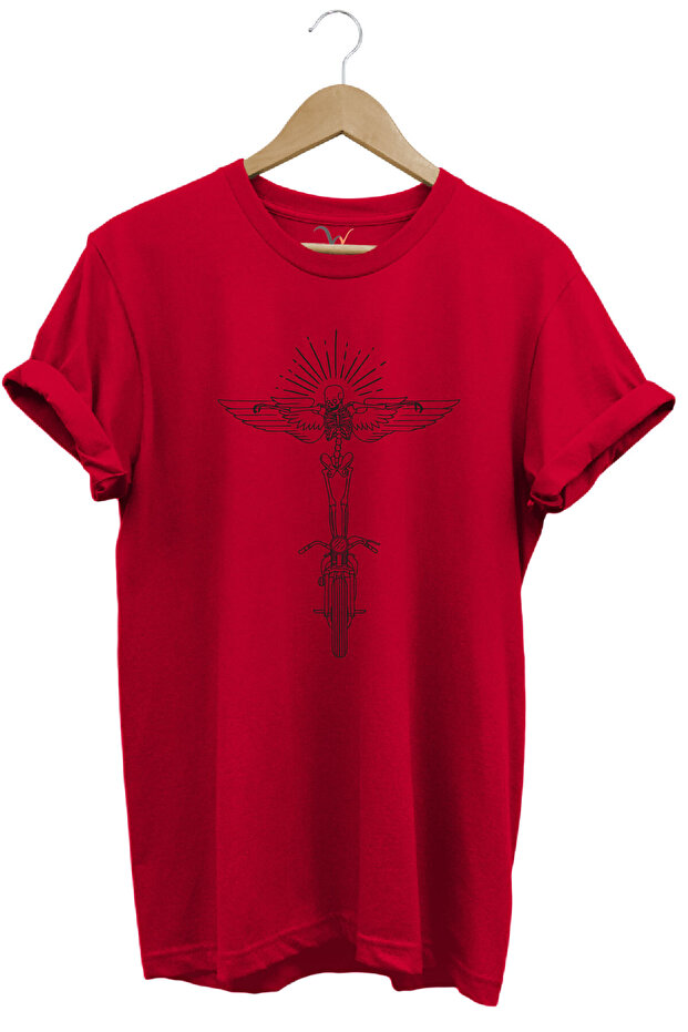 Motorcycle Wing and Skeleton Linear Design Printed 100% Cotton Regular Fit Premium Red T-Shirt