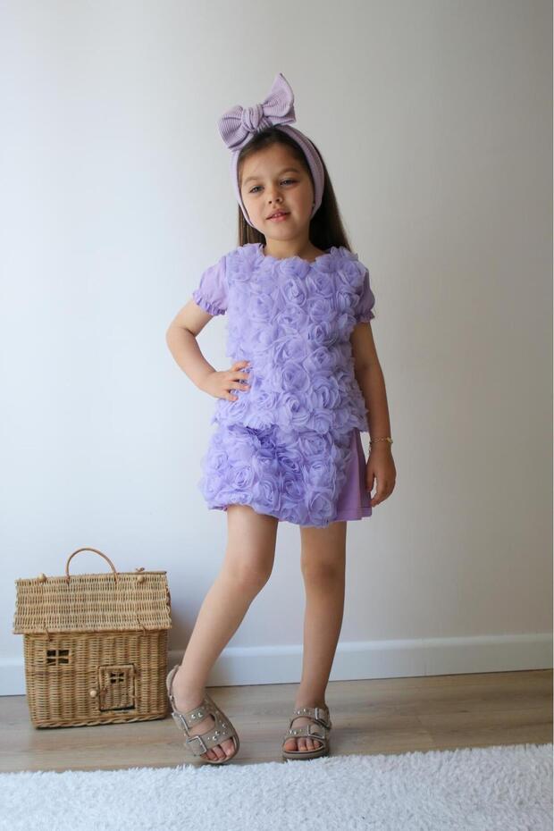 Lilac Girl's Set with Rose Shorts Skirt
