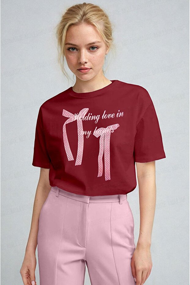 Women's Burgundy Ribbon Fluffy Textured Print Regular Fit Regular Fit T-Shirt