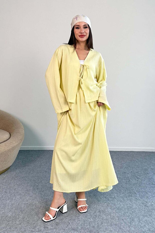 Tie Detail Jacket and Long Skirt Two Piece Set 8842 - Yellow