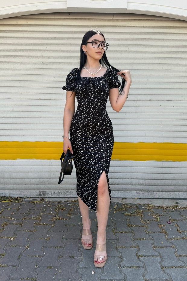 Watermelon Sleeve Small Flower Pattern Slit Dress