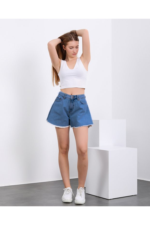 Women's High Waist Short Blue Washed Denim Lycra-Free Denim Shorts Bell Model with Tassels on the Legs