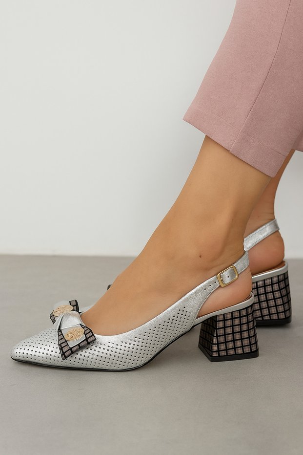 Women's Heeled Shoes (Studded) Genuine Silver Leather