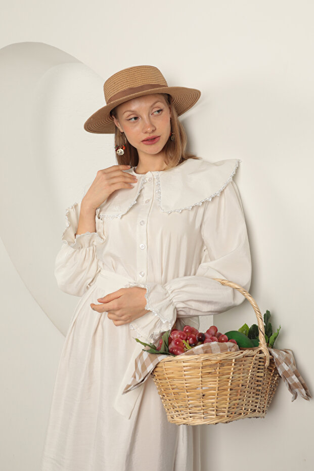 Modal Kumaş Dantelli Elbise - 7